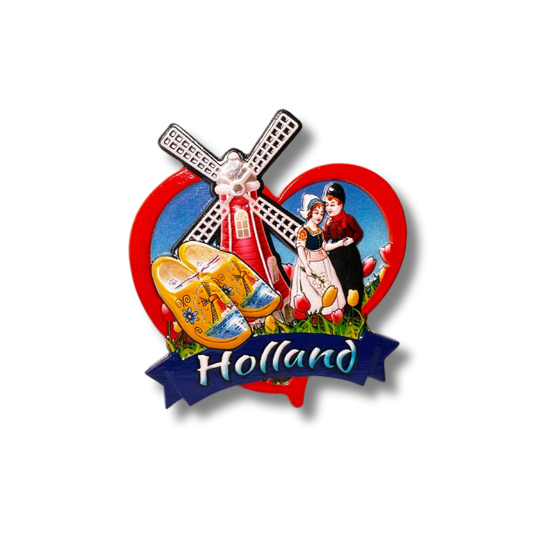 Dit is een uniek en betaalbaar cadeau voor iedereen die van Holland houdt! Deze magneet is in vorm van een hartje met allerlei iconische Nederlandse voorwerpen (zoals een molen, klomp en tulpen) en is daarom een perfecte aandenken of cadeau voor familie, vrienden of kennissen. De magneet is ook uitdeelbaar, dus je kunt er meerdere meenemen!