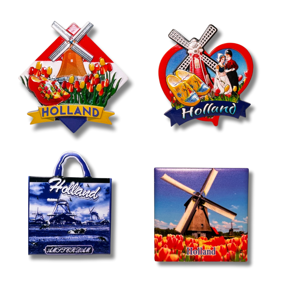 Deze magneten zijn perfect als cadeau of als aandenken aan een leuk bezoek aan Amsterdam. De set van 4 bestaat uit verschillende klassieke Hollandse bezienswaardigheden, zoals de Amsterdamse grachten, klompen, Hollandse molen en tulpen. 💐 Elk magneet is stevig waardoor ze stevig aan de koelkast of andere metalen oppervlakken kunnen worden bevestigd.