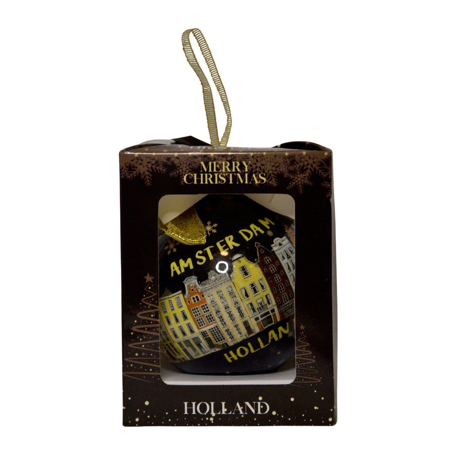 Trek je kerstboom uit de kast en versier je kerstboom met alleen de mooiste kerstballen. Deze zwarte bal past perfect in combinatie met andere kleuren. Een erg mooie bal met "Amsterdam Holland" erop geprint. Rondom de hele kerstbal zijn de iconische Amsterdamse grachten te vinden. En als kers op de taart staat "Merry Christmas" ook op de bal geschreven.