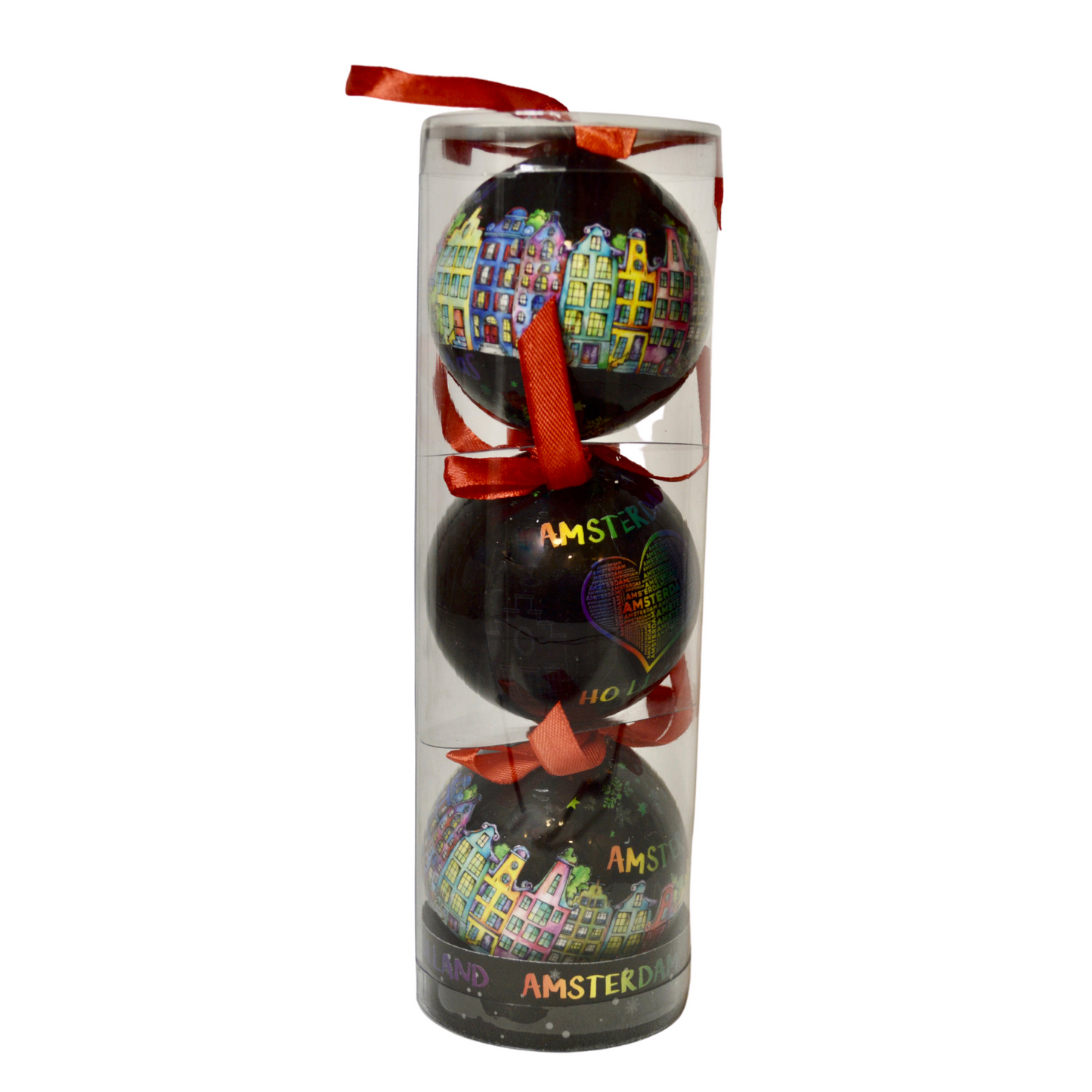 Trek je kerstboom uit de kast en versier je kerstboom met alleen de mooiste kerstballen. Deze zwarte bal past perfect in combinatie met andere kleuren. Een erg mooie bal met "Amsterdam Holland" erop geprint. Rondom de hele kerstbal zijn de iconische Amsterdamse grachten te vinden. En als kers op de taart staat "Merry Christmas" ook op de bal geschreven.