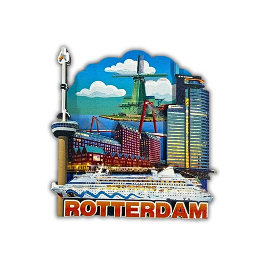 Een prachtige koelkastmagneet die de essentie van Rotterdam vastlegt. Met iconische bezienswaardigheden zoals de imposante Euromast, sierlijke windmolens, een majestueus cruiseschip en de kenmerkende skyline van Rotterdam met zijn moderne architectuur, brengt deze magneet de dynamiek en diversiteit van de stad tot leven. Een must-have voor liefhebbers van Rotterdam en een perfect souvenir om de herinneringen aan deze bruisende stad levend te houden.