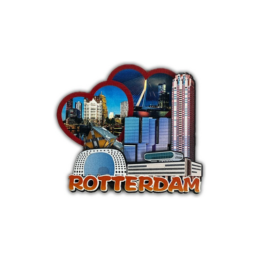 Ontdek de "Liefde voor Rotterdam" magneet, waar iconische architectuur en liefdevolle symbolen samenkomen. Met hartjes die de liefde voor de stad vertegenwoordigen, en iconische gebouwen zoals de Erasmusbrug en de Markthal die de kenmerkende schoonheid van Rotterdam belichamen, is deze magneet een perfecte combinatie van passie en cultuur. Een must-have voor iedereen die zijn liefde voor Rotterdam wil laten zien, en een prachtig souvenir om de betoverende stad in huis te halen.