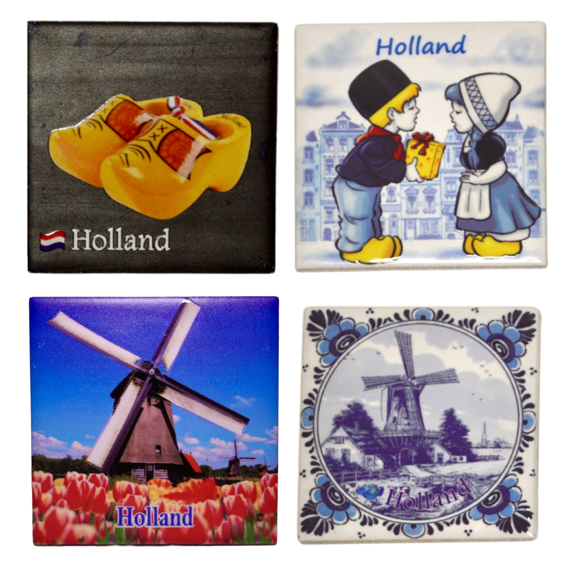 Deze set van 4 verschillende magneten is een perfecte aandenken of cadeau voor iemand die van Holland houdt! De magneten zijn afbeeldingen van de bekende gele houten klompen, een prachtig Hollands landschap met molen en tulpen, een Delfts Blauwe molen en iconisch kussend paar. De magneten zijn stevig en hebben een sterke aantrekkingskracht, dus ze zullen goed blijven hangen aan elke koelkast of andere metalen oppervlak.