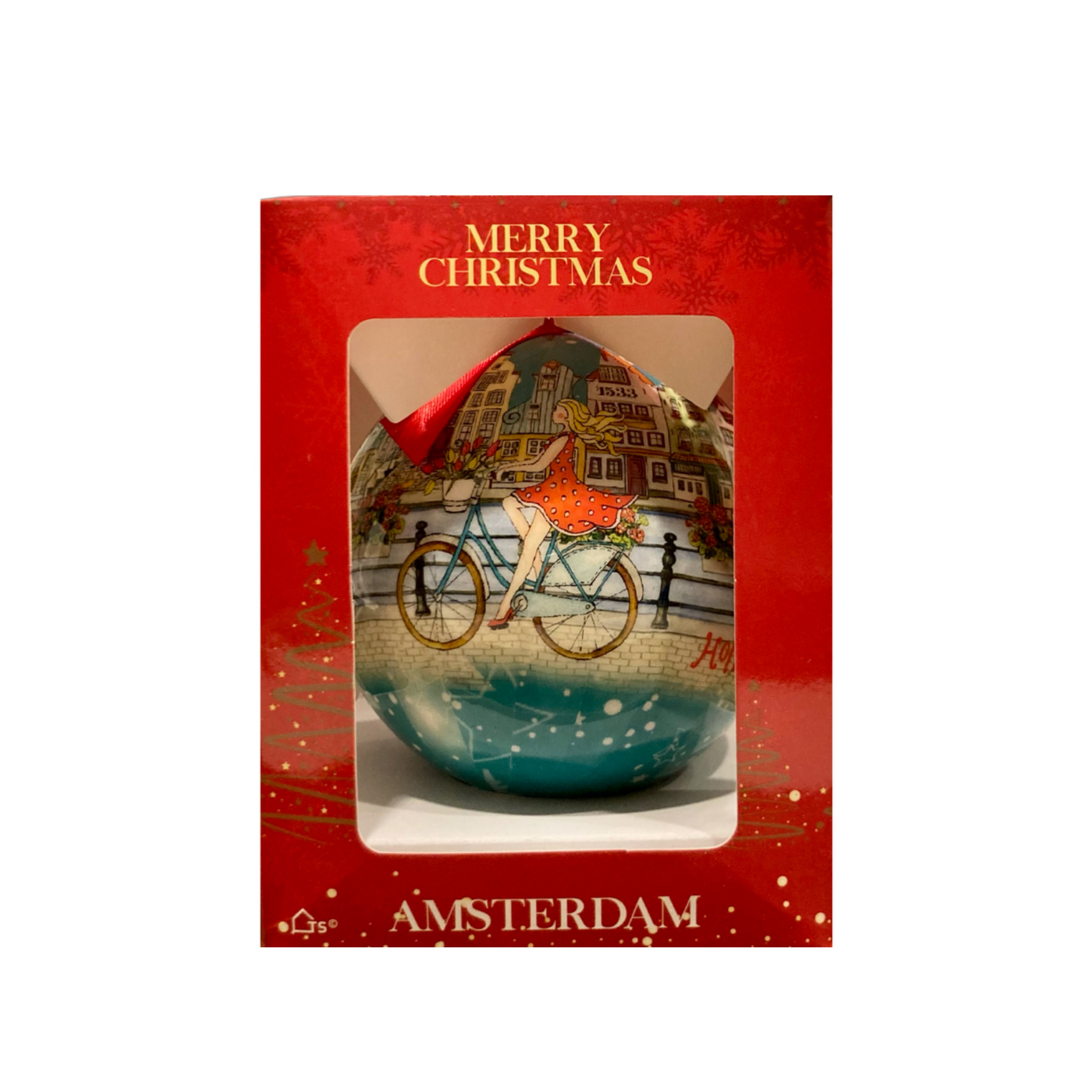 holland gift box fiets rood cadeau idee leuk kado meisje op de fiets op de amsterdamse grachten in nederland hoofdstad kerst ornament kerstbal grote kerstbal kerstmis