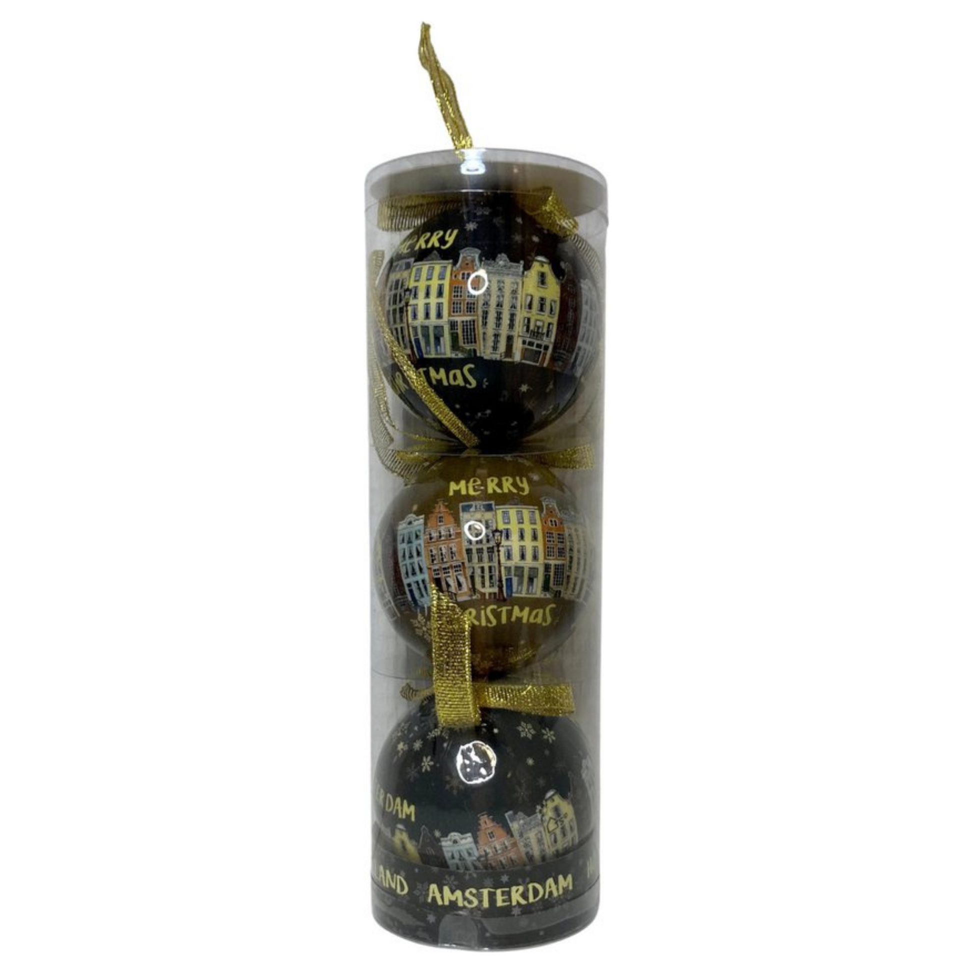 Trek je kerstboom uit de kast en versier je kerstboom met alleen de mooiste kerstballen. Deze zwarte bal past perfect in combinatie met andere kleuren. Een erg mooie bal met "Amsterdam Holland" erop geprint. Rondom de hele kerstbal zijn de iconische Amsterdamse grachten te vinden. En als kers op de taart staat "Merry Christmas" ook op de bal geschreven.