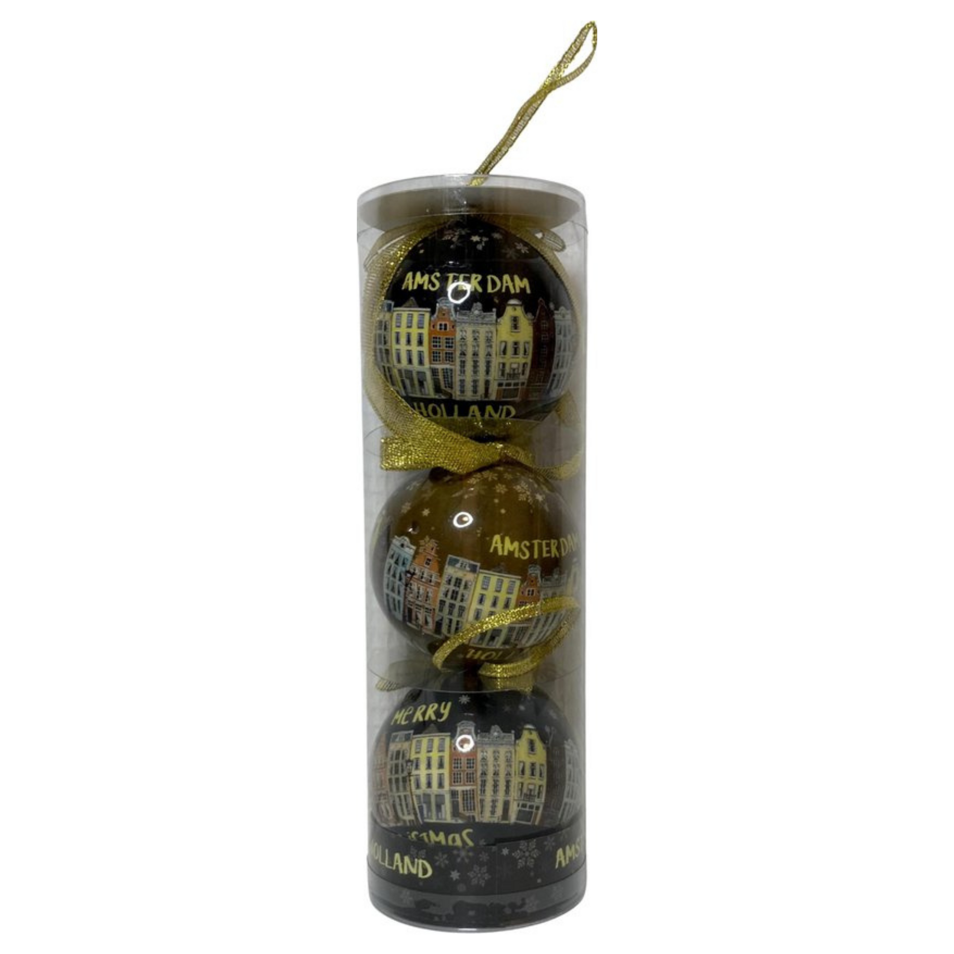 Trek je kerstboom uit de kast en versier je kerstboom met alleen de mooiste kerstballen. Deze zwarte bal past perfect in combinatie met andere kleuren. Een erg mooie bal met "Amsterdam Holland" erop geprint. Rondom de hele kerstbal zijn de iconische Amsterdamse grachten te vinden. En als kers op de taart staat "Merry Christmas" ook op de bal geschreven.