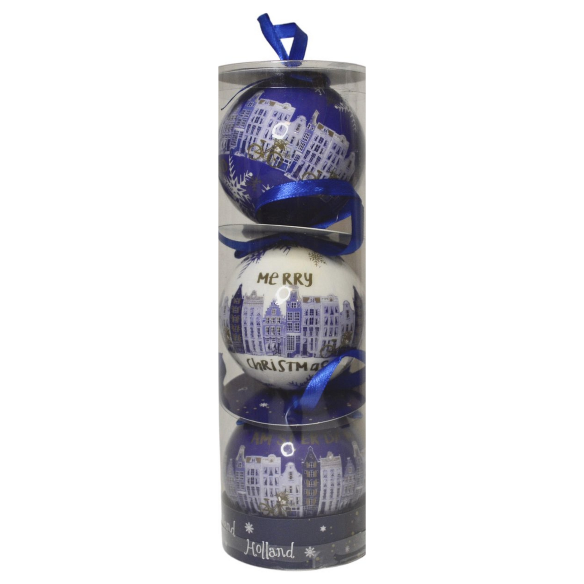 hollandse kerstballen kerstversiering kerstmis kerst kerst ornament kerstboom kerstbal blauw wit goud amsterdamse grachten amsterdam gevels huisjes iconisch typisch hollands holland kerstcadeau versiering seizoensversiering giftbox cadeaupakket kado idee merry christmas