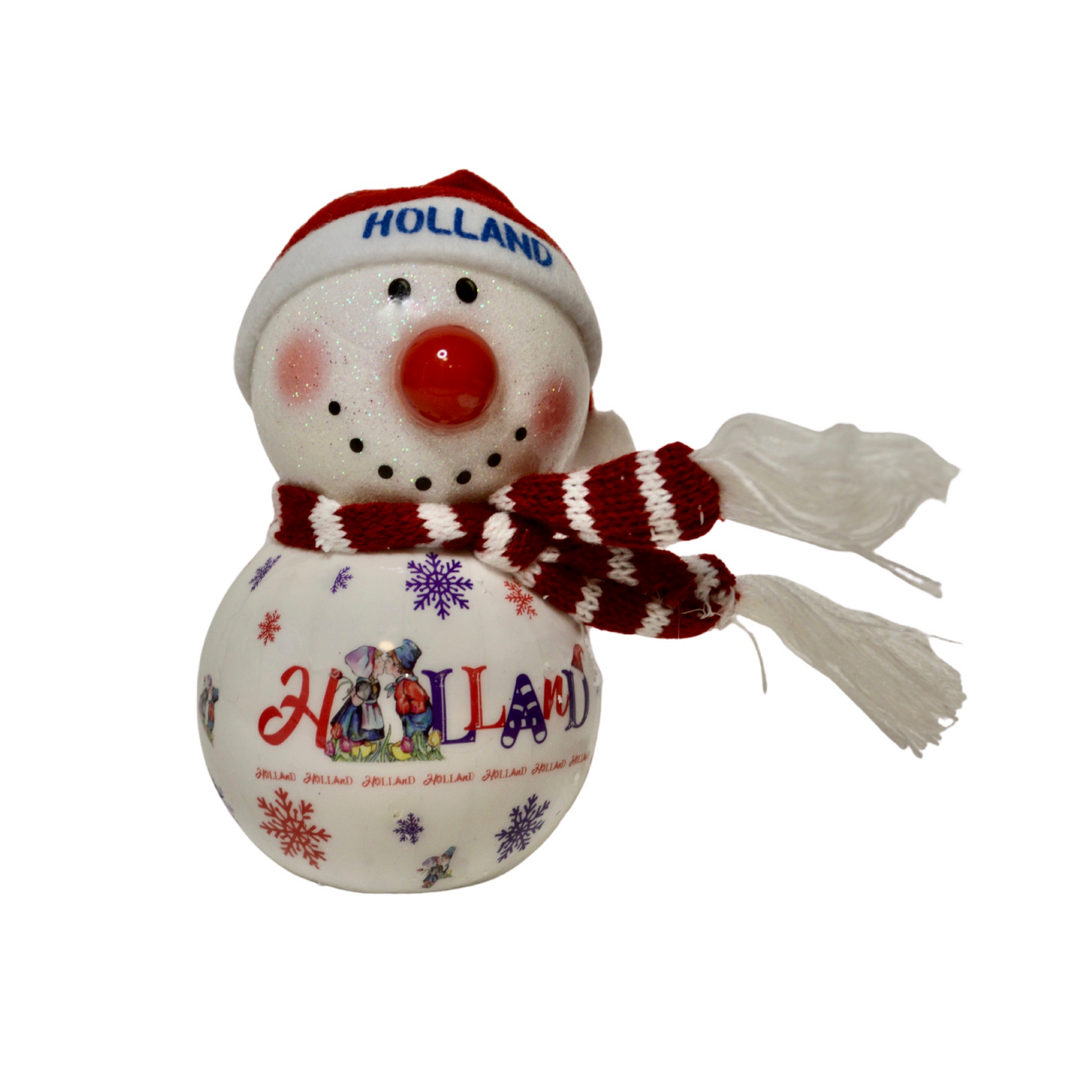 sneeuwpop met rode neus rood sjaal schattig holland kussend paar lief kerst ornament kerstbal lichtgevende neus lampje holland nederland souvenirs