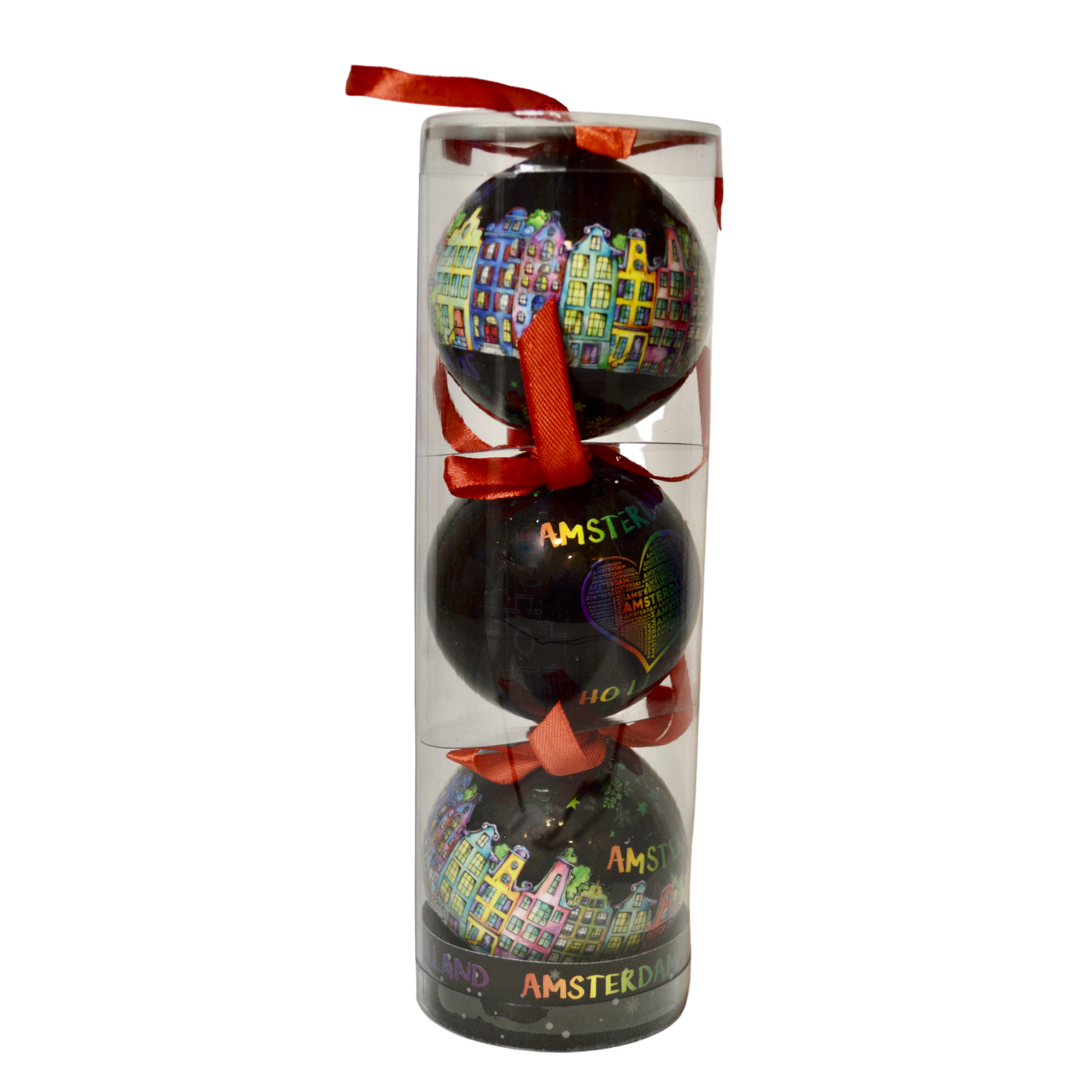 Trek je kerstboom uit de kast en versier je kerstboom met alleen de mooiste kerstballen. Deze zwarte bal past perfect in combinatie met andere kleuren. Een erg mooie bal met "Amsterdam Holland" erop geprint. Rondom de hele kerstbal zijn de iconische Amsterdamse grachten te vinden. En als kers op de taart staat "Merry Christmas" ook op de bal geschreven.