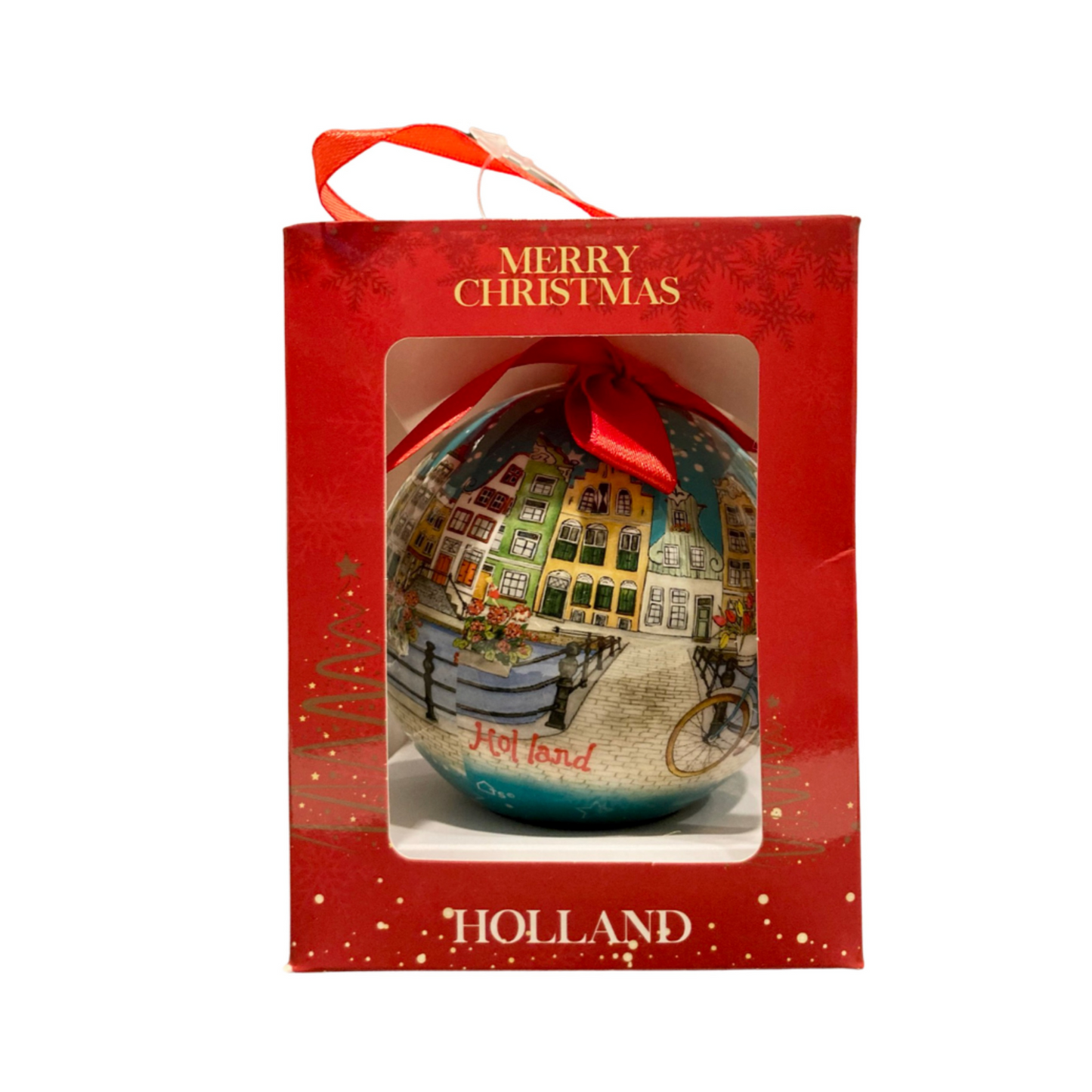 holland gift box fiets rood cadeau idee leuk kado meisje op de fiets op de amsterdamse grachten in nederland hoofdstad kerst ornament kerstbal grote kerstbal kerstmis